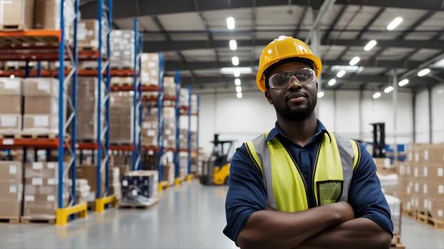 African American male factory worker walking through a modern manufacturing plant interior. Industrial engineer in safety gear adjusting his hard hat and smiling. 