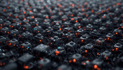 Fototapeta premium Futuristic miniature robotic grid with glowing orange and blue lights, high tech industrial