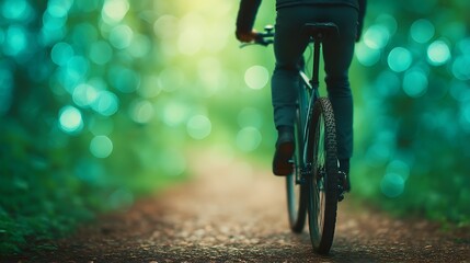 Naklejka premium A person rides a bicycle on a forest path surrounded by soft-focus greenery and bokeh light effects.