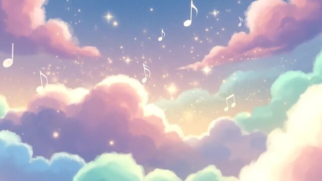 Dreamy fantasy sky with soft pastel clouds, twinkling stars, and floating musical notes, a whimsical background.
