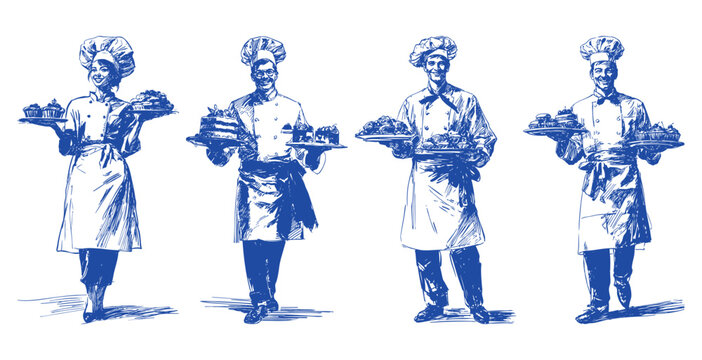 Pastry chef people holding desserts bakery characters. Group of confectioners serving cakes in vintage hand drawn line drawing style. Banner for confectionery branding and pastry shop promotion.