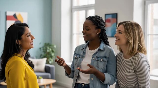 Diverse women talking and gesturing in a modern indoor setting. Group of multi-ethnic colleagues or friends having a conversation. Teamwork and communication concept
