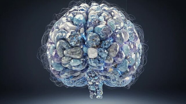 Human brain made of shining polished gemstones and crystals on a dark background, representing creativity and intellect.