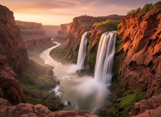 Majestic Twin Waterfalls Cascade Down Red Rock Canyon Walls During a Golden Sunset Overlooking a Winding River Below