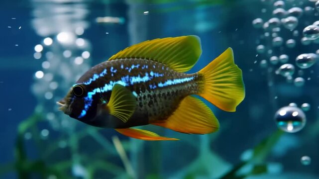 Apistogramma fish swimming in an aquarium with bubbles,yellow and blue colored fish stock video