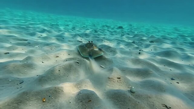 Bat ray underwater motion on sandy seabed in clear turquoise water,marine wildlife,habitat,nature documentary