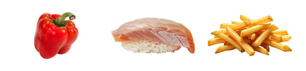 Delicious food combination of pepper, meat, and fries ending with the phrase: a feast for the senses isolated on white background