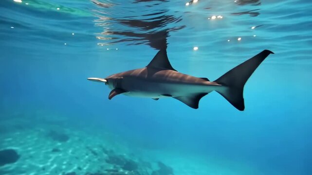 Bull shark swimming gracefully underwater with sunlight reflections creating patterns and shadows along the ocean floor in crystal clear tropical waters