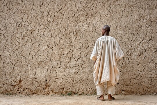 Man's back in a flowing white boubou robe stands against a textured clay wall, embodying cultural heritage and traditional attire in a serene outdoor setting