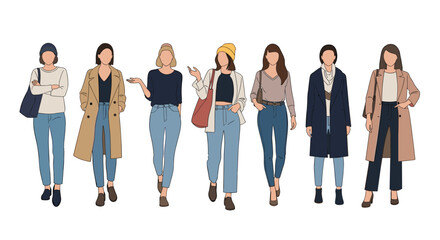 Fototapeta premium Diverse group of stylish women standing together in various fashionable outfits representing different modern clothing styles.