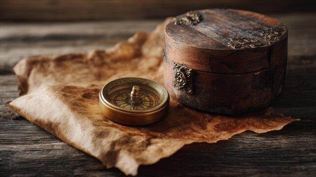 Vintage brass compass and wooden box on old paper. Concept of navigation, adventure, and discovery. Retro travel background.