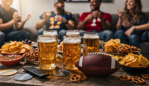 Friends Gather to Watch a Sporting Event, Enjoying Refreshments and Snacks in a Relaxed Home Setting, Perfect for Social Entertainment Concepts
