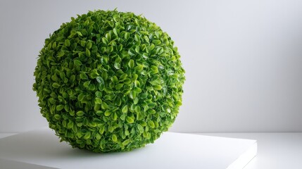 Green topiary ball on white table. Decorative artificial plant for home decor and office space. Ecology and nature concept.