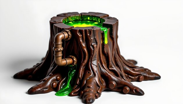 A whimsical piece of art resembling a gnome home with an exaggeratedly large tree stump at its center