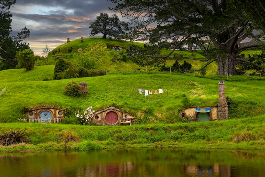 MATAMATA- NEW ZEALAND -NOVEMBER -2- 2022: Hobbiton - movie set created for filming the Lord of the Rings and "Hobbit" movies - Matamata, New Zealand,spring scene