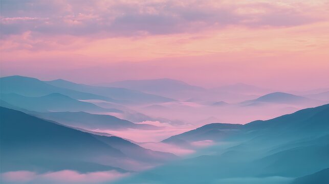 Misty layered mountains at dawn with pink orange sky. Serene fog-shrouded peaks in ethereal blue tones for nature landscape photography