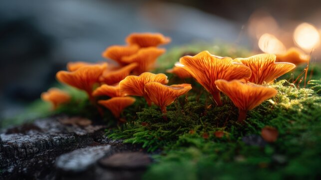 Vibrant cluster of orange mushrooms on mossy forest log in soft sunlight. Macro close-up of wild fungi in natural woodland setting