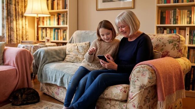 Grandmother and granddaughter sitting together on a cozy sofa at home, sharing a warm moment while using a smartphone, expressing family bonding and intergenerational connection.