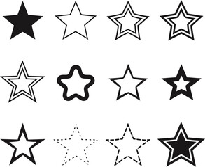 Fototapeta premium 12 Modern Star Icons – Solid, Outline, Dashed Vector Shapes. Set of star symbols isolated