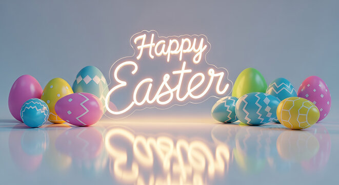 Happy Easter neon sign with colorful decorated eggs. Festive spring holiday celebration concept for greeting card and banner design.