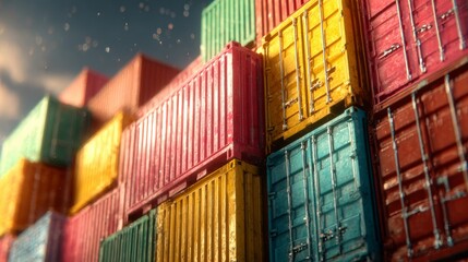 Fototapeta premium The core of trade: majestic shipping containers in port. Magazine cover. Subtle shifts in shipping containers: portraying colorful global logistics. Feature story. Raw beauty.