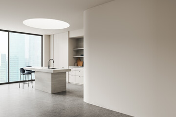 Fototapeta premium Modern kitchen interior with minimalist design and curved blank wall space for poster or artwork mockup in contemporary apartment setting. 3D Rendering