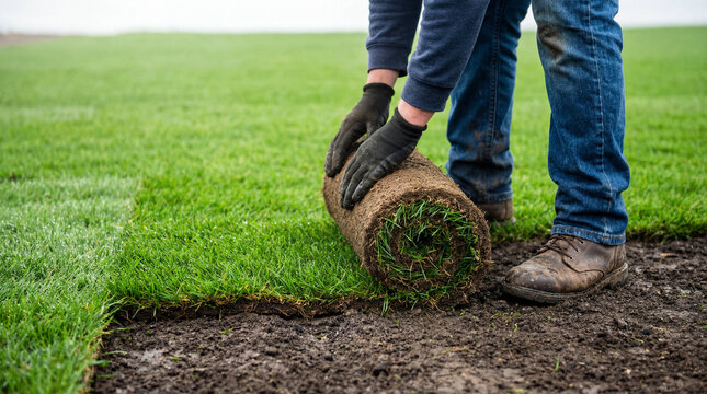 Hands laying sod for a lush new lawn. Fresh green grass turf being installed on bare soil, perfect for landscaping projects