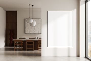 Obraz premium Modern dining room interior with large blank poster mockup on clean white wall, featuring wooden furniture and natural sunlight view through window. 3D Rendering