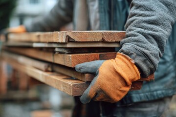 Worker carrying stack of wooden planks outdoors