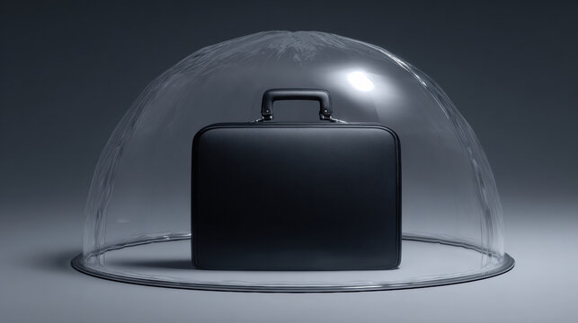 3D Model of Briefcase Inside Transparent Shield Dome on Dark Surface