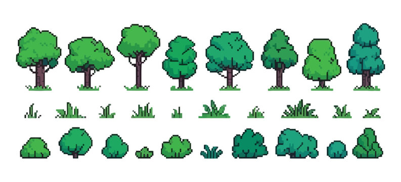 Pixel Forest Set &ndash; Retro 8 Bit Video Game UI Elements with Trees, Bushes and Grass Sprite Assets, Background Landscape Objects, Isolated Vector Collection