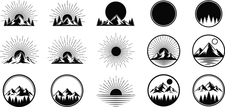 Black mountain silhouettes with sunburst and pine forest elements in circular frames for outdoor adventure travel and wilderness logo design