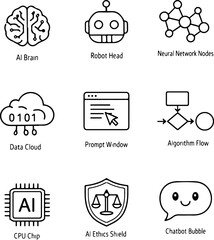 Nine black and white representing artificial intelligence and technology concepts