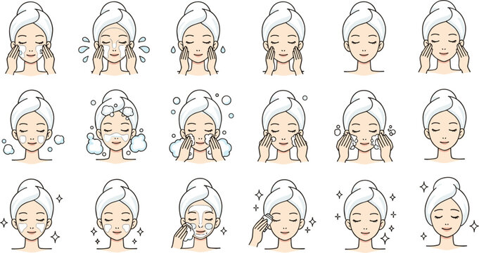 Skincare routine vector illustrations set showing a woman washing face applying cream moisturizing and performing facial massage steps for beauty treatment infographic design.
