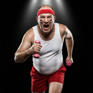 Humorous Studio Portrait of Middle Aged Man Running with Small Pink Dumbbells on Black Background
