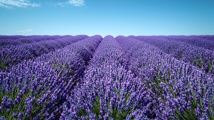 Obraz premium Vibrant purple lavender field under a clear blue sky.