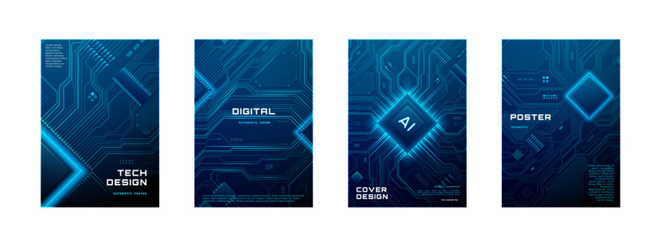 Technology posters showcase digital circuit boards and semiconductor chips. Futuristic tech backgrounds perfect for innovative presentations and modern technology brochures.