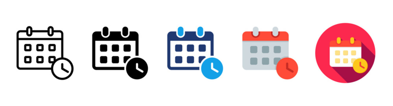 Schedule calendar icon set. Appointment time management collection. Clean event planner clock flat vector illustration