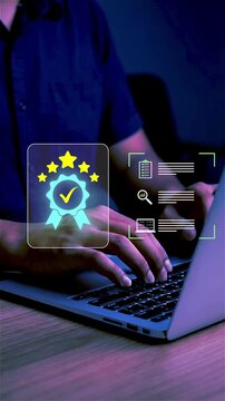 Businessman working with sign of the top service Quality assurance, Guarantee, Standards, ISO certification and standardization concept, Quality management with Quality Assurance and Quality Control