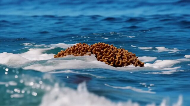 Underwater shot of brain coral in shallow ocean water with breaking waves on a bright sunny day
