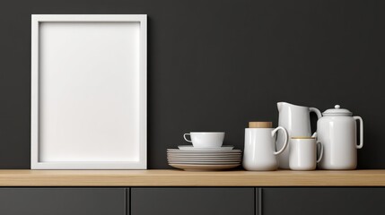 Minimalist kitchen still life with empty frame and ceramic dishware