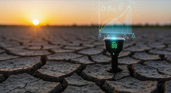 modern digital soil moisture sensor in cracked dry ground with holographic rain forecast icon for world meteorological day smart agriculture concept