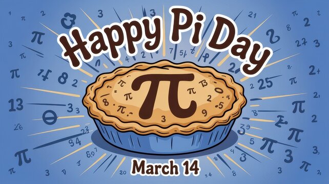 Happy pi day celebration with pie and mathematical symbols