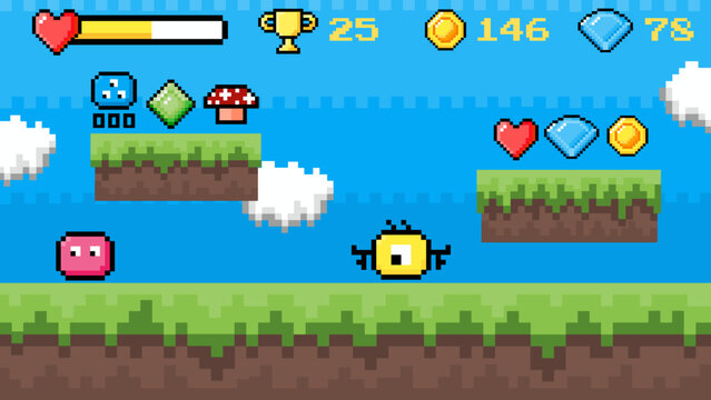 Retro pixel art 2D platformer game. Pink hero on a vibrant grassy level, collecting items, facing a yellow monster. Classic 8-bit graphics, arcade adventure theme concept