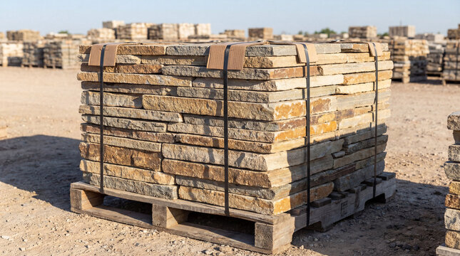 A large stack of natural stone pavers on a wooden pallet at an outdoor stone yard, ready for landscaping and construction