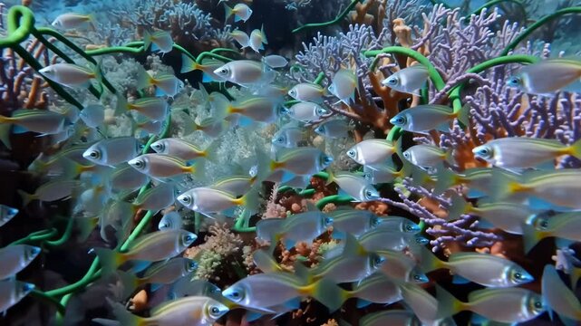 Vibrant school of yellowtail fusilier fish swimming through coral reef habitat underwater biodiversity ecosystem