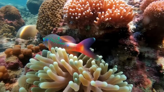 Vibrant sea aquarium footage of a leopard toby and coral reef ecosystem with anemones in turquoise ocean