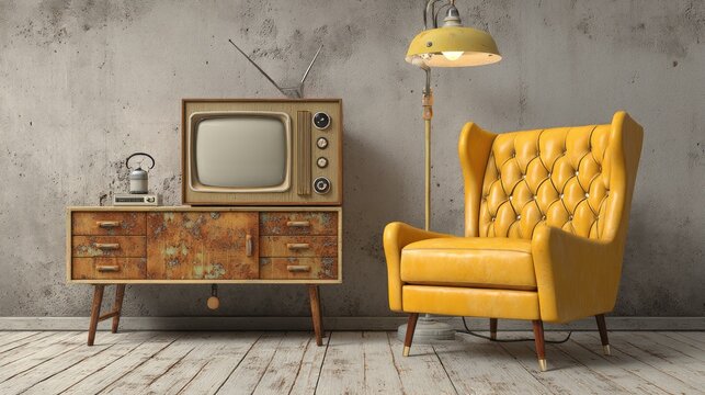 Vintage television and yellow armchair interior design with wooden furniture