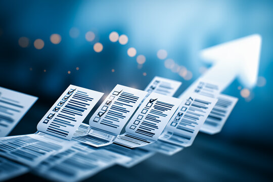 業務効率化と成果アップ、メモ帳と上昇矢印の抽象ビジュアル