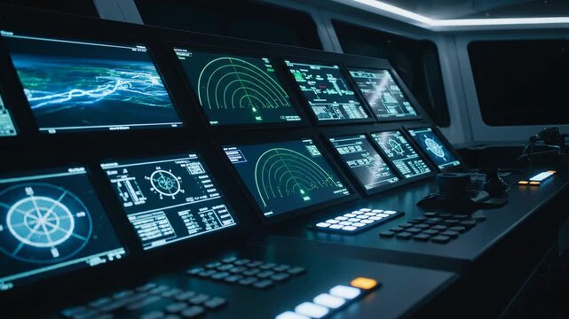 High-tech maritime control room with multiple digital screens displaying navigation data, radar, and graphs, illuminated by ambient lighting in a modern vessel's bridge